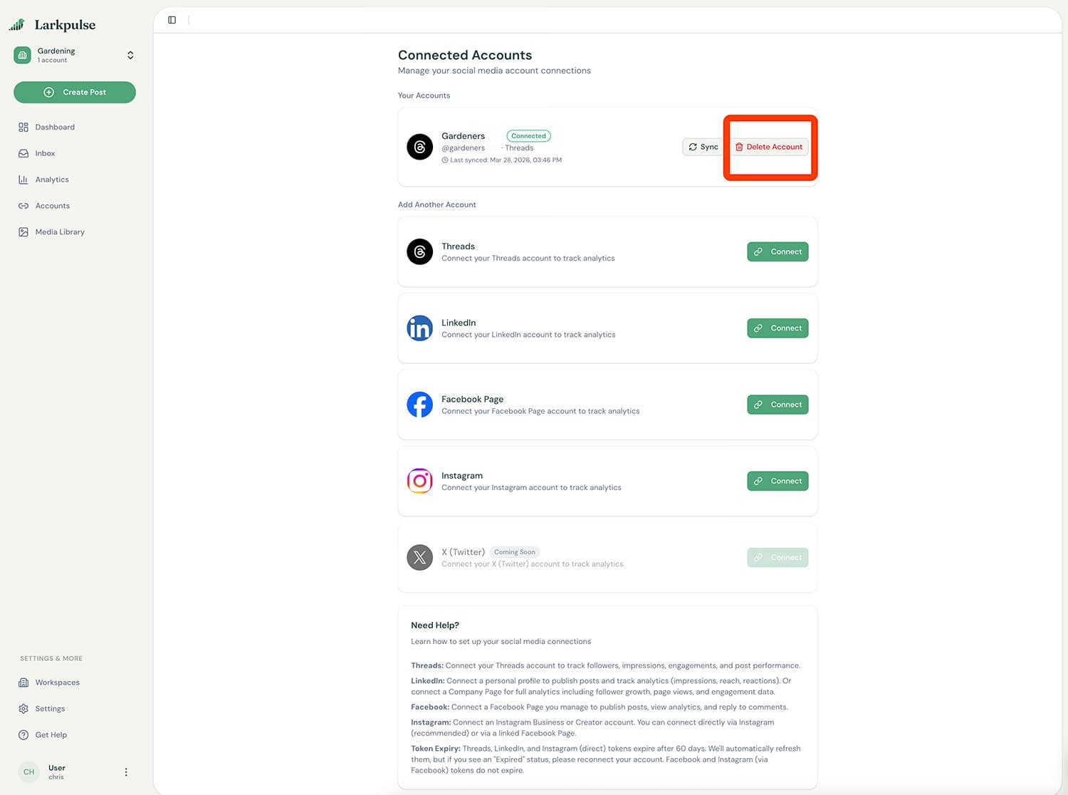 Screenshot showing the Delete Account button on the accounts settings page