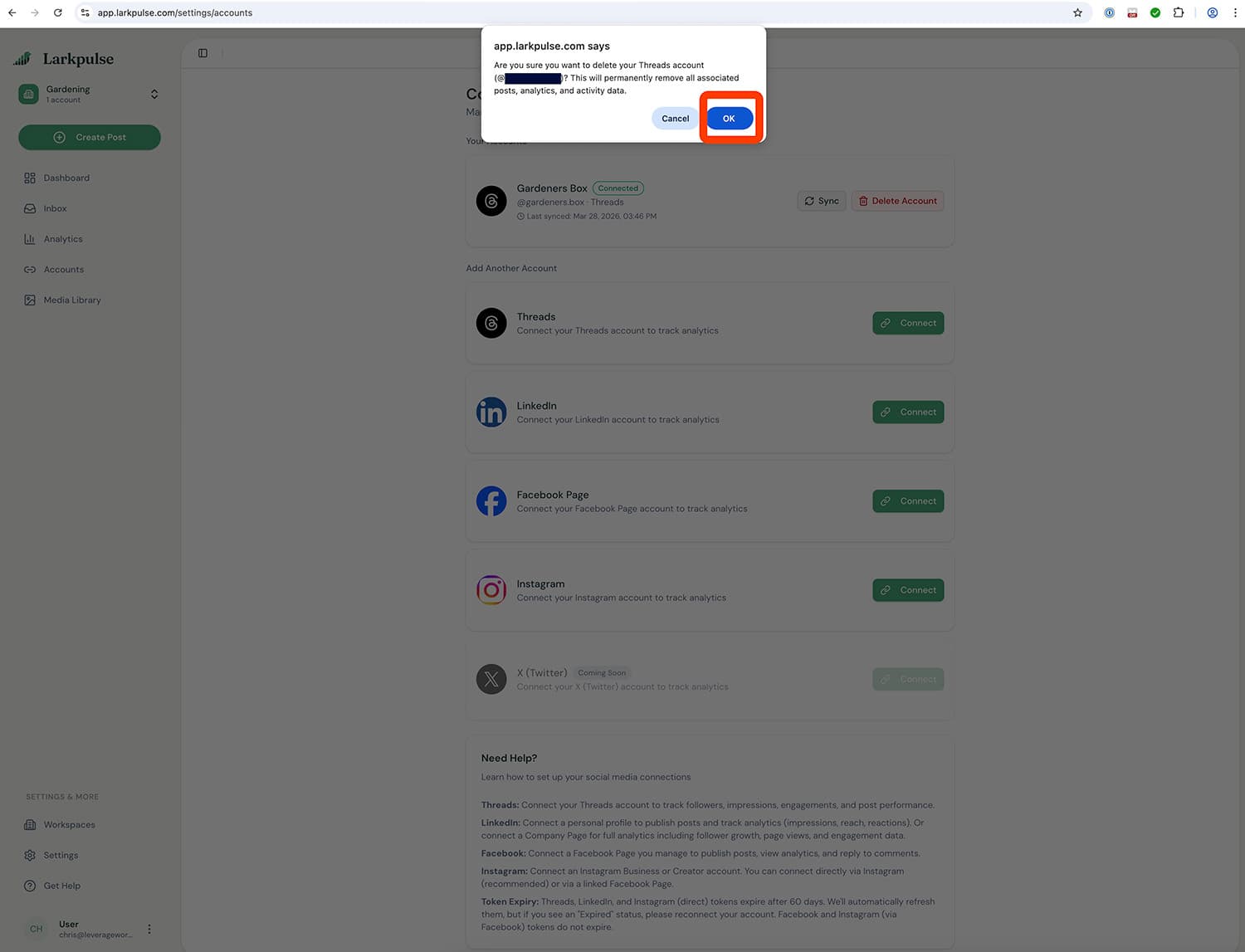 Screenshot showing the confirmation dialog to remove a social account